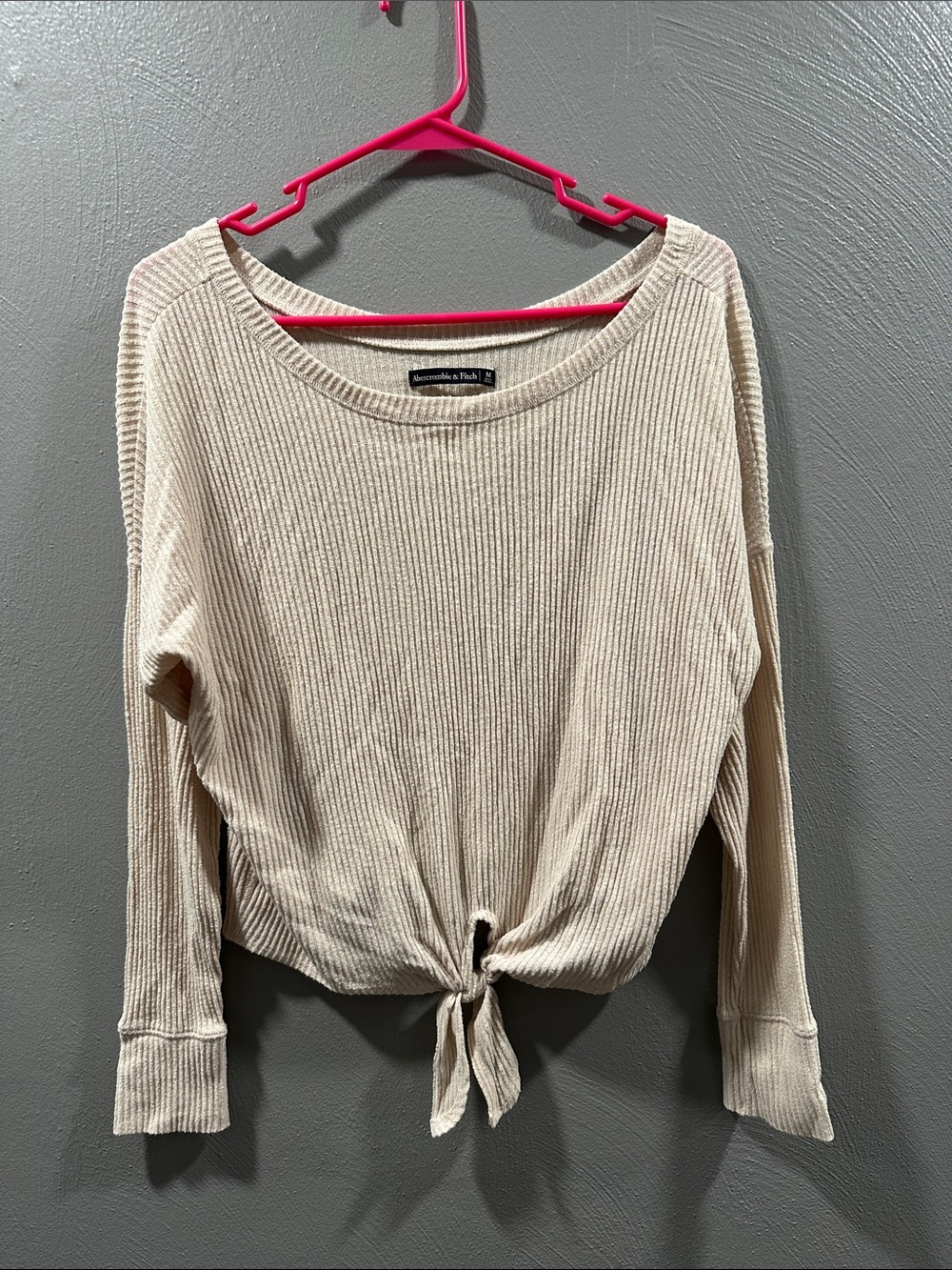 Abercrombie & Fitch Beige Ribbed Tie-Front Long Sleeve Top